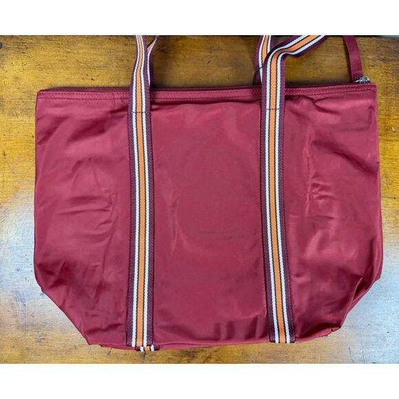 Lacoste Nylon Tote Bag Red Striped Webbed Straps Logo Shoulder Travel 16 X 11.5 - Picture 5 of 16